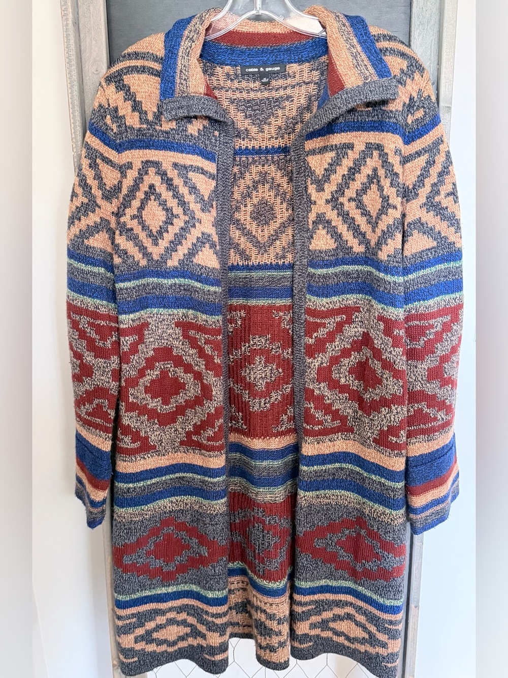 Cable & Gauge Size M Southwestern Knit Cardigan Duster in Rust, Blue & Tan